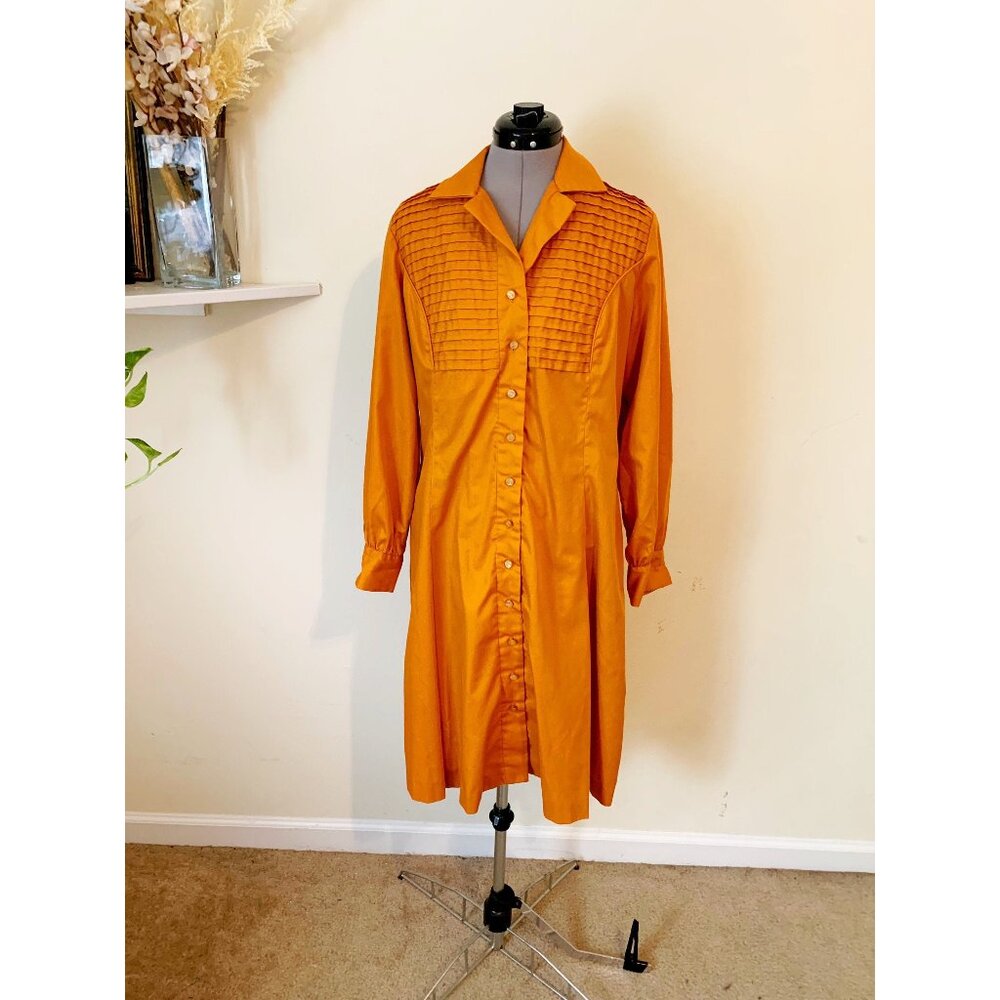 Vintage 60s 70s Orange Long Sleeve Shirt Dress Size Medium